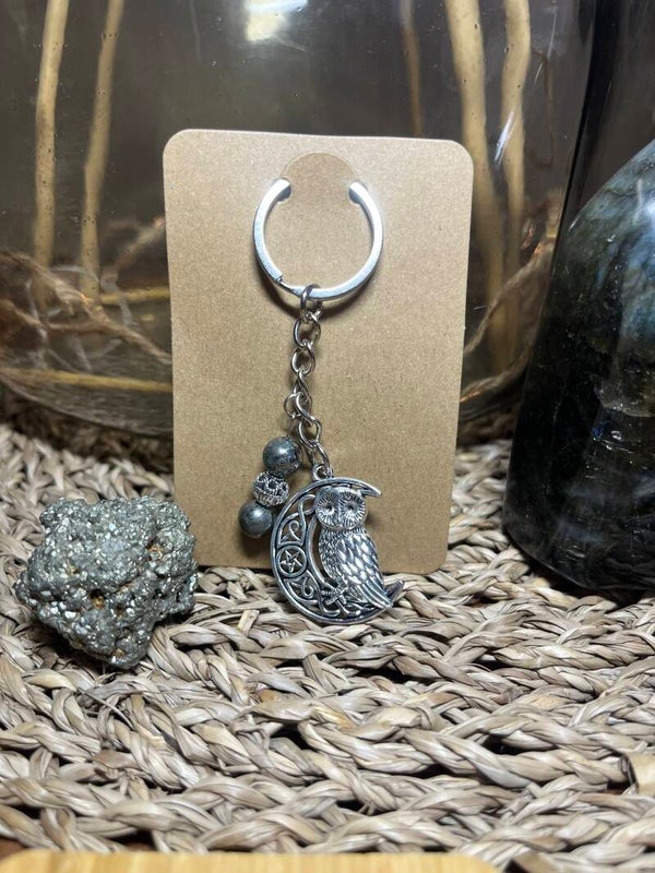 Porte Clef Hématite et Hiboux
