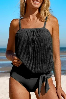 Black Striped Mesh Knotted Hem Tankini Swimsuit - Black - Med