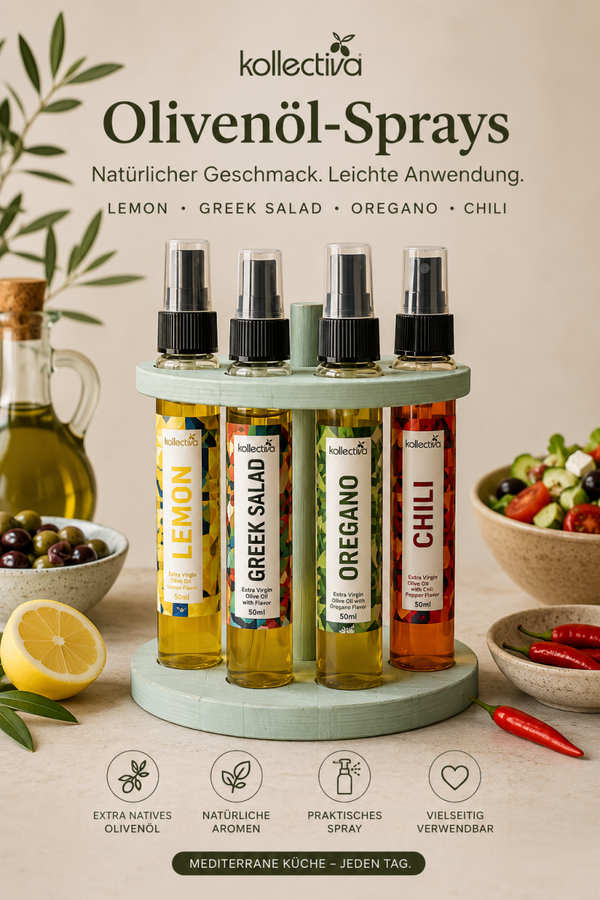 Mediterranes Olivenöl Spray Set mit Holzständer(4x50ml)