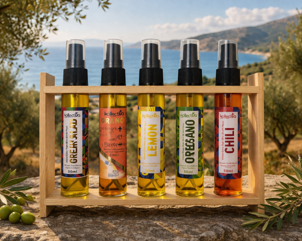 Mediterranes Olivenöl Spray Set mit Holzständer (5 x 50 ml)