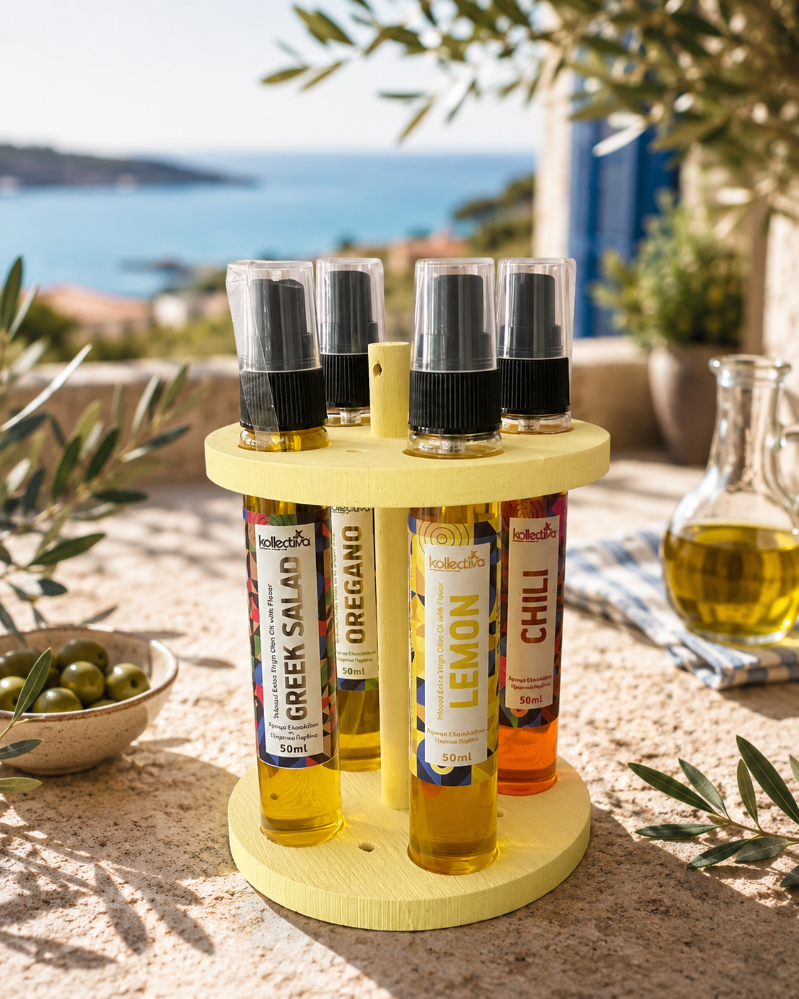 Mediterranes Olivenöl Spray Set mit Holzständer (4 x 50 ml)