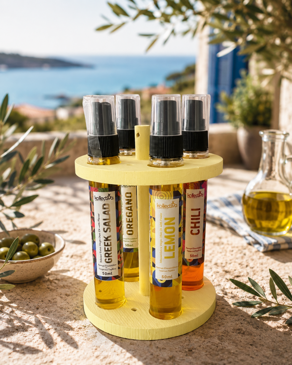 Mediterranes Olivenöl Spray Set mit Holzständer (4 x 50 ml)