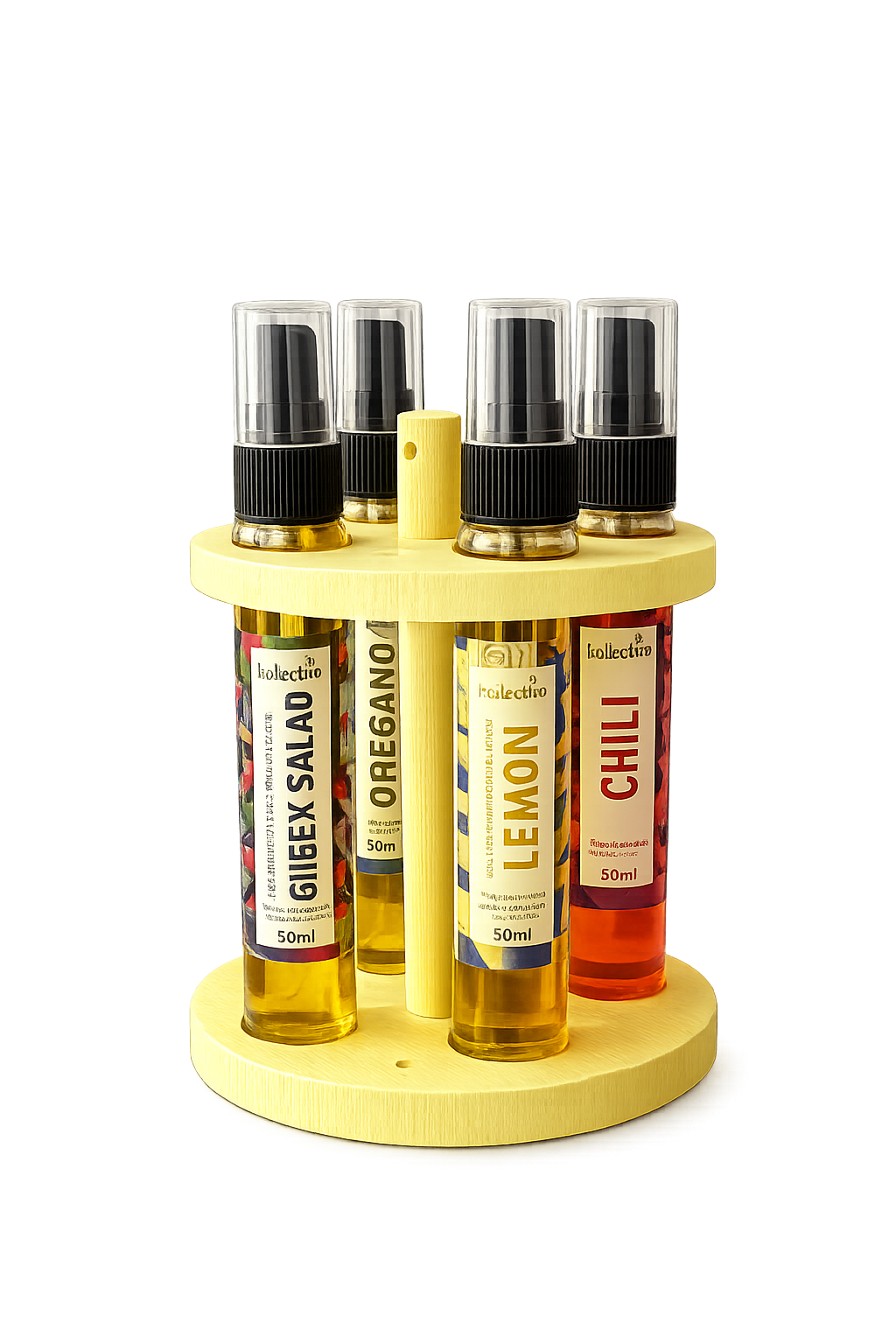 Mediterranes Olivenöl Spray Set mit Holzständer (4 x 50 ml)