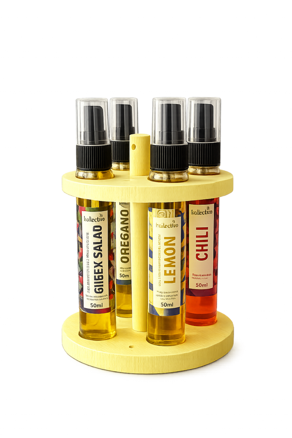 Mediterranes Olivenöl Spray Set mit Holzständer (4 x 50 ml)