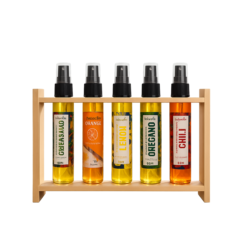 Mediterranes Olivenöl Spray Set mit Holzständer (5 x 50 ml)