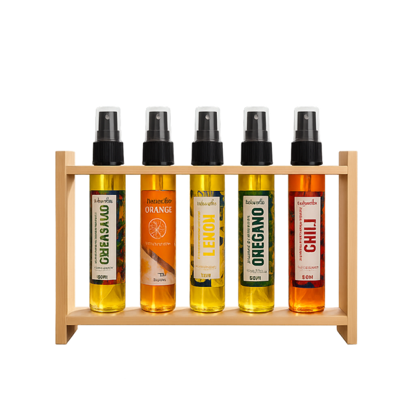 Mediterranes Olivenöl Spray Set mit Holzständer (5 x 50 ml)
