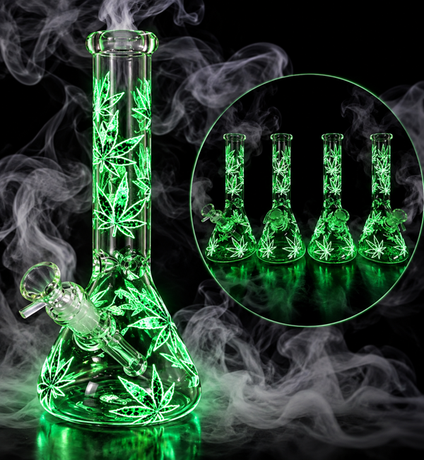 Glas Kolbenbong ICE Percolator GLOW IN THE DARK "Hanfblatt", 26cm, ø 45mm