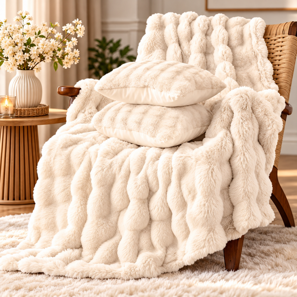 Luxe Plaid met 2 Sierkussens – Crème Wit | 150x200 cm & 45x45 cm
