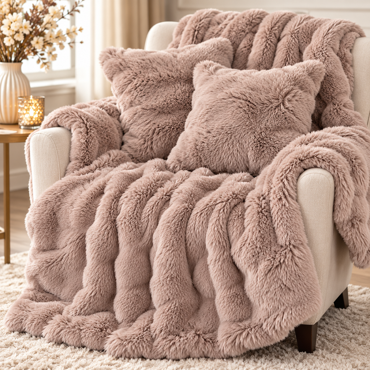 Luxe Plaid met 2 Sierkussens Taupe – 150x200 cm & 45x45 cm