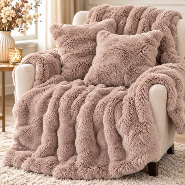 Luxe Plaid met 2 Sierkussens Taupe – 150x200 cm & 45x45 cm
