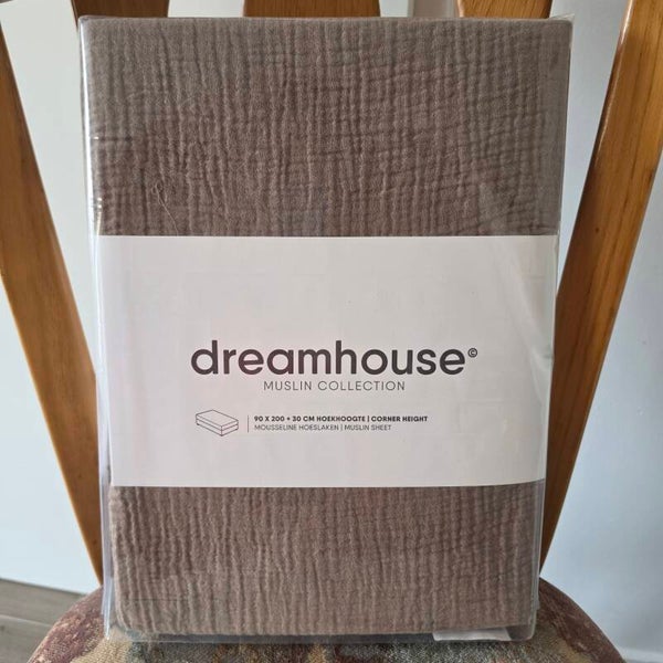 Dreamhouse Mousseline Hoeslaken – Taupe – 100% Katoen – 90×200 cm