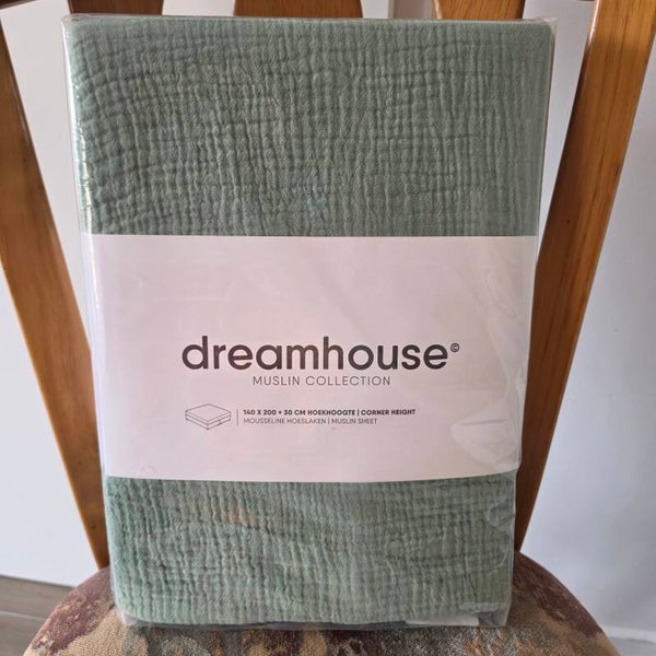 Dreamhouse Mousseline Hoeslaken – Mossy Green – 100% Katoen – 140×200 cm