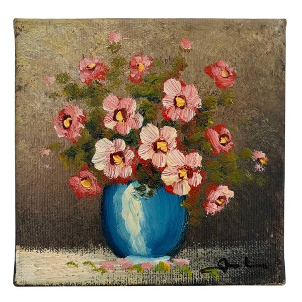 Vintage Olieverfschilderijtje Met Bloemen