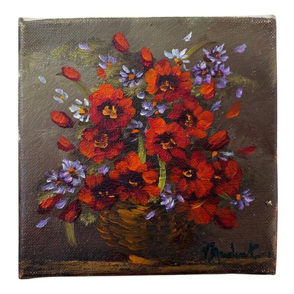 Vintage Olieverfschilderijtje Met Bloemen