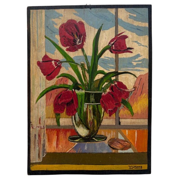 Vintage Handgeschilderd Bloemstilleven Op Paneel Uit 1943