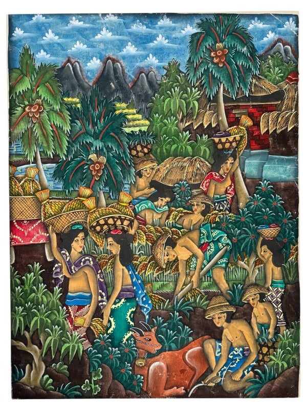 Vintage Handgeschilderd Schilderij Uit Indonesië – Dorpsleven