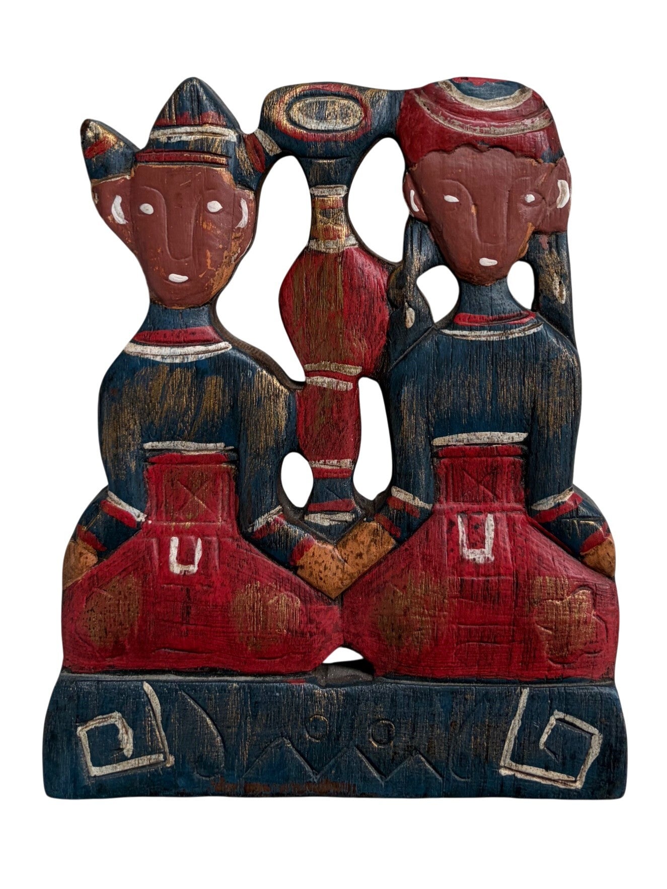Vintage Handgesneden Houten Wandpaneel Met Beschilderde Figuren – Folk Art Decoratie