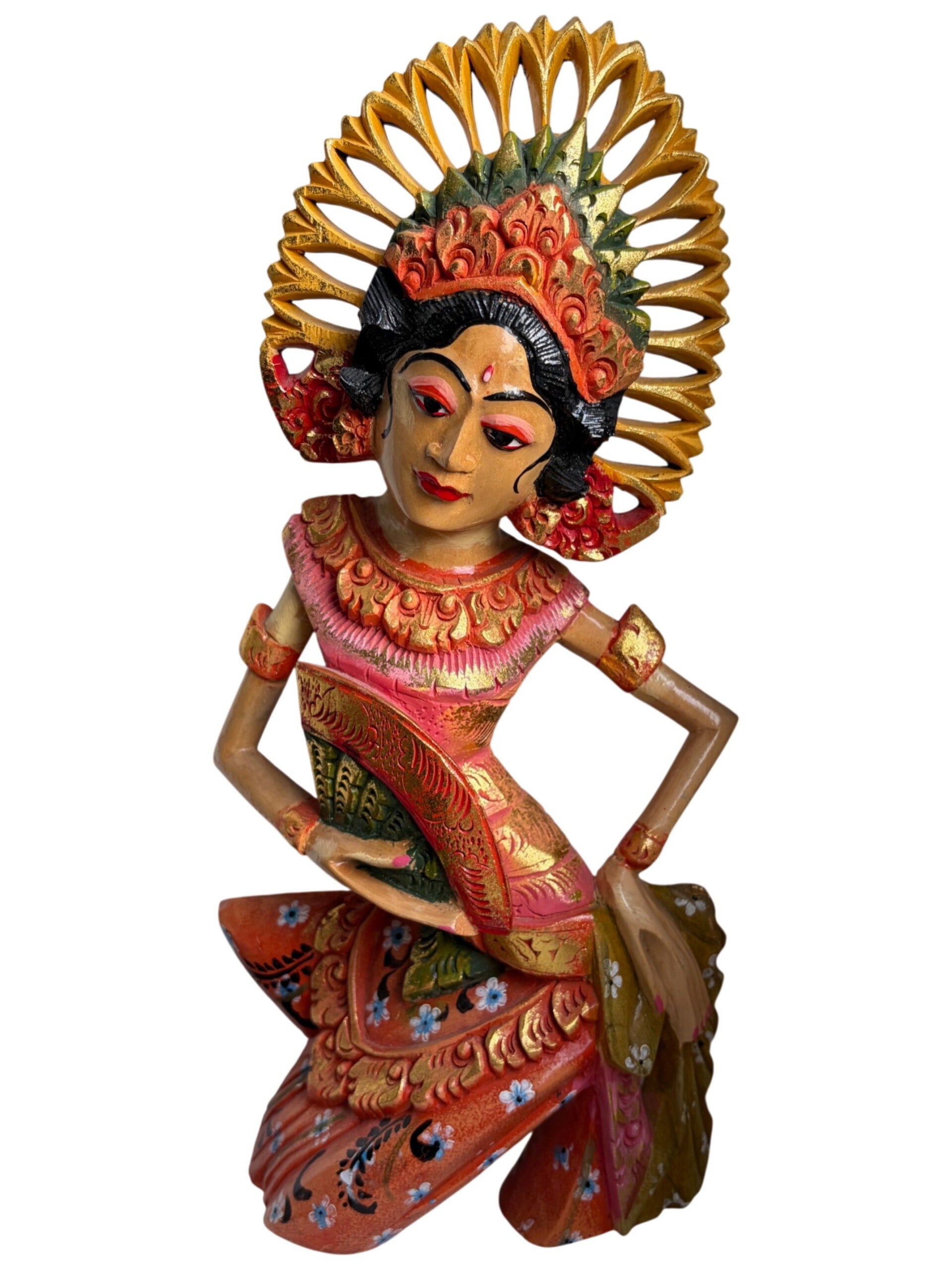 Vintage Handgesneden Houten Danseres – Kleurrijk Indonesisch Beeld