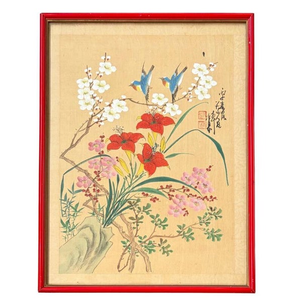 Vintage Aziatische Schildering Op Zijde Met Vogels En Bloemen