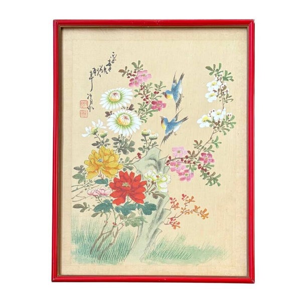 Vintage Aziatische Schildering Op Zijde Met Vogels En Bloemen