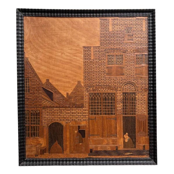 Vintage Wandpaneel Met Ingelegd Hout – Oud Stadsgezicht
