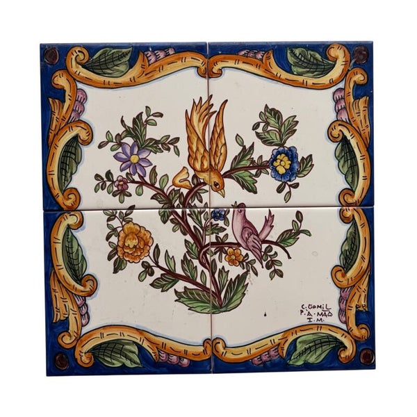 Vintage Handbeschilderd Keramisch Tegelpaneel Met Vogels