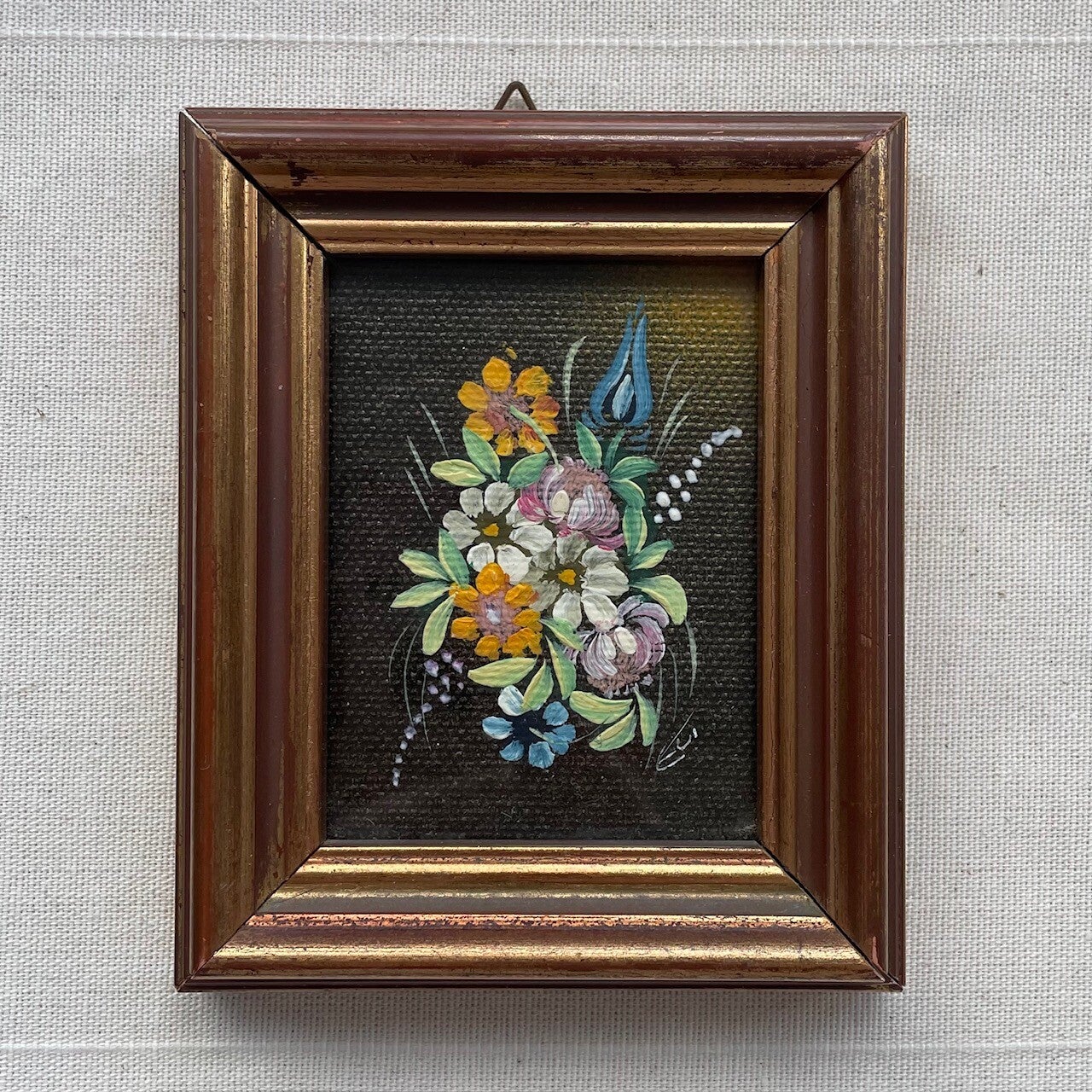 Klein Vintage Bloemenschilderijtje Handgeschilderd