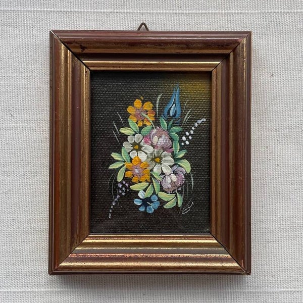 Klein Vintage Bloemenschilderijtje Handgeschilderd