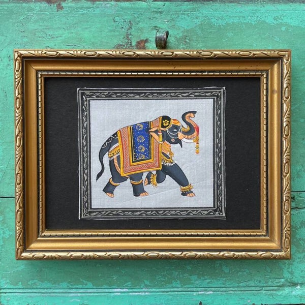 Handbeschilderde Indiase Miniatuurschildering In Vintage Lijst – Olifant