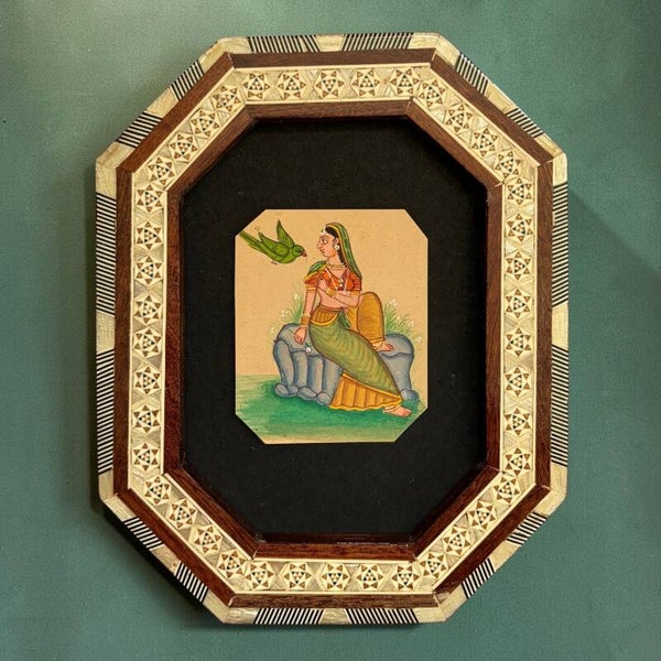 Vintage Indiase Miniatuurschildering In Inleglijst – 1954