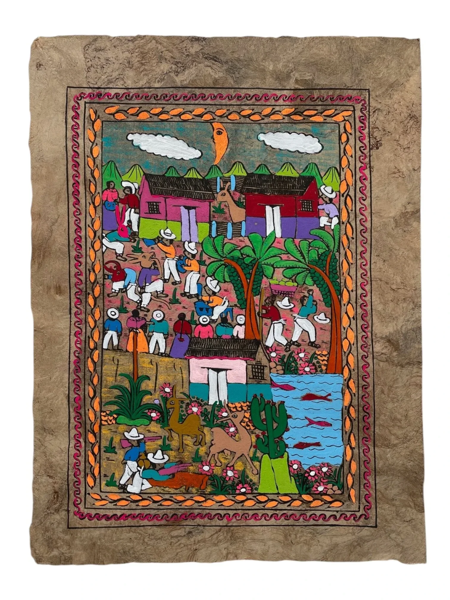 Handbeschilderd Mexicaans Amate Schilderij – Dorpsleven