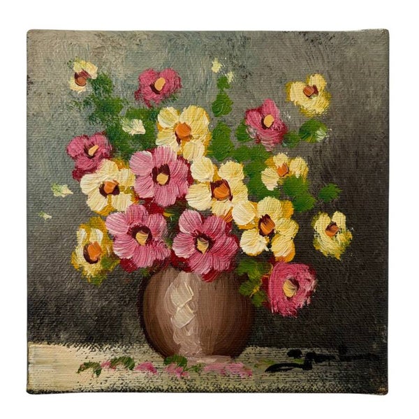 Vintage Olieverfschilderijtje Met Bloemen