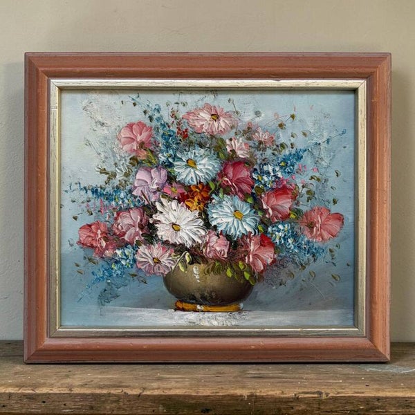 Vintage Olieverf Schilderij Bloemen In Houten Lijst - Impasto Bloemstilleven Pastel