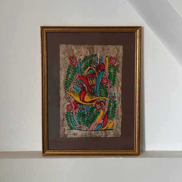 Vintage Folk Art Vogel Schilderij In Lijst - Eclectisch Mid Century Kunstwerk