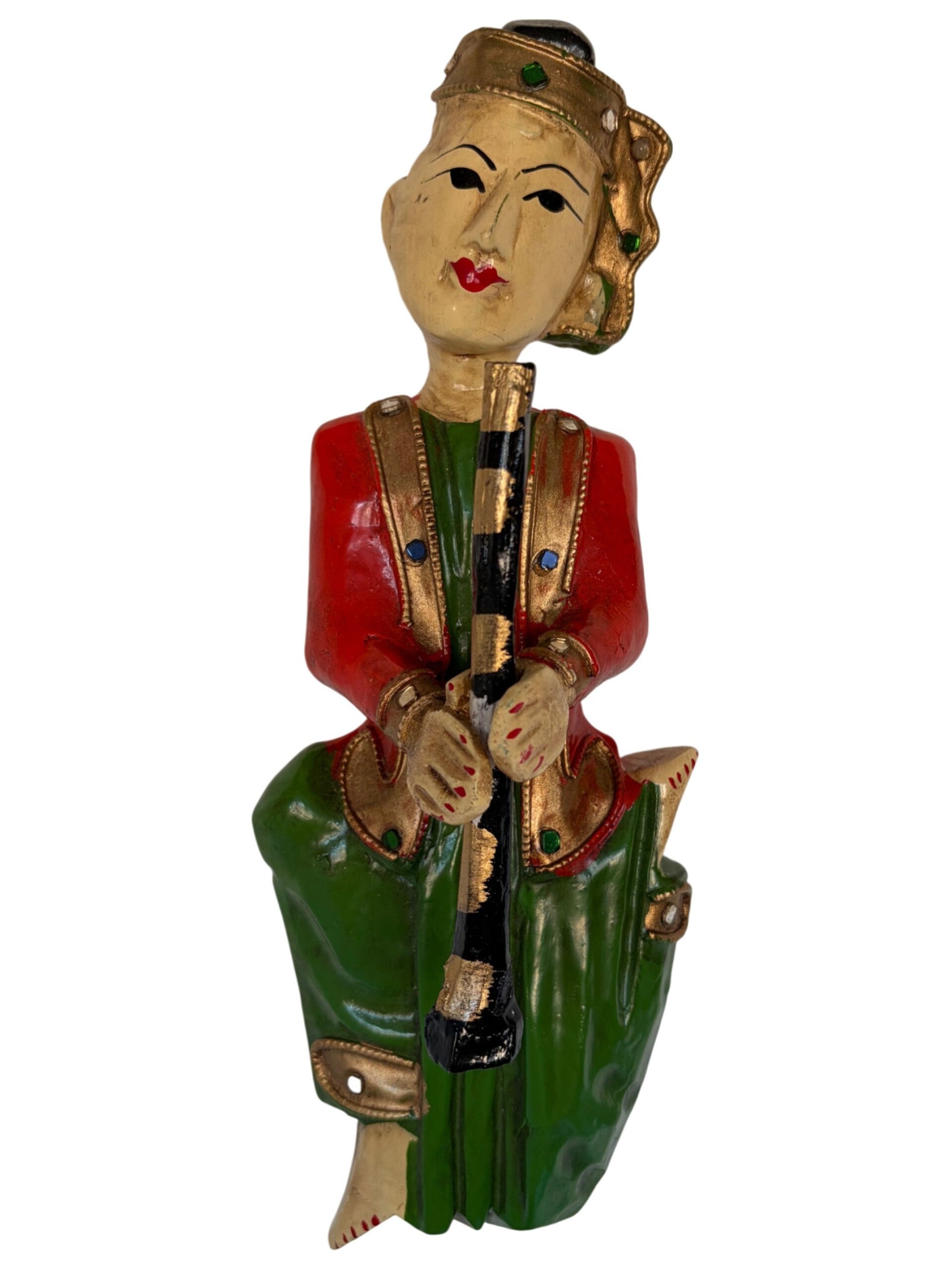 Vintage Handbeschilderde Wandsculptuur – Aziatisch Geïnspireerde Muzikante (Jaren 60/70)