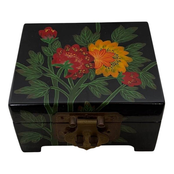 Vintage Handbeschilderd Sieradenkistje – Zwart Met Bloemen