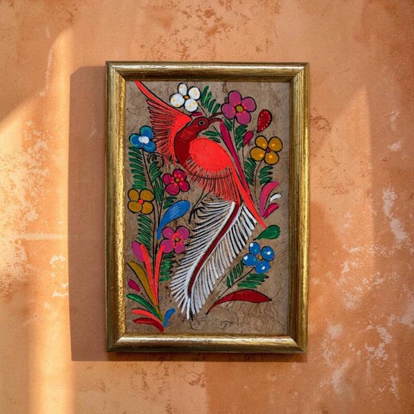 Vintage Mexicaanse Folk Art Op Amate Papier Met Rode Vogel