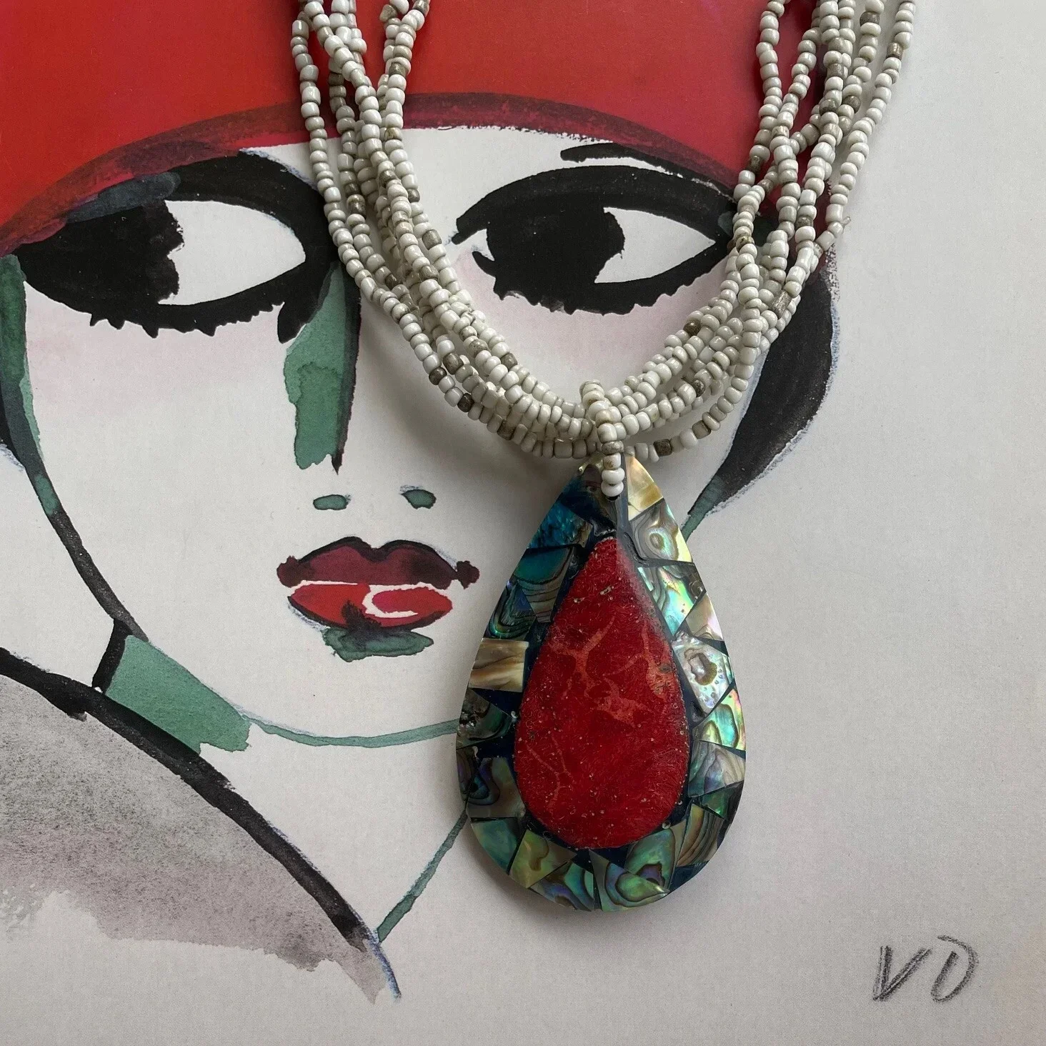 Vintage Ketting Met Parelmoer Hanger