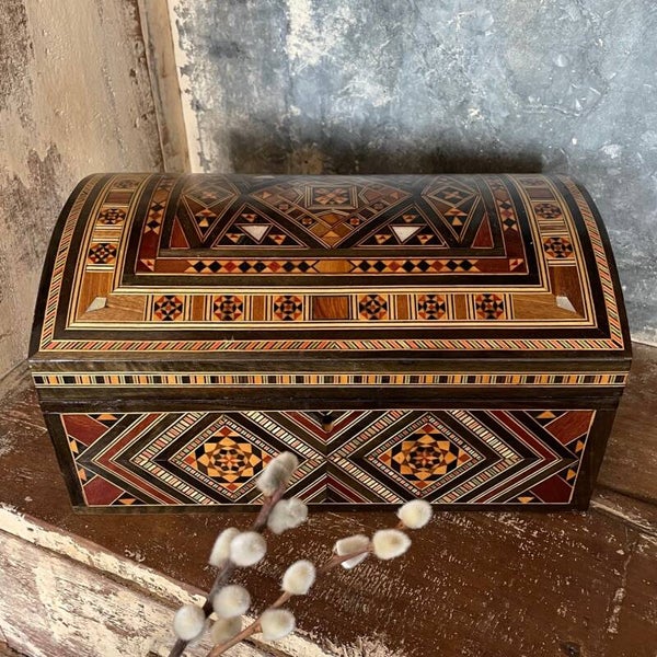 Vintage Ingelegde Houten Sieradenkist - Geometrisch Mozaïek