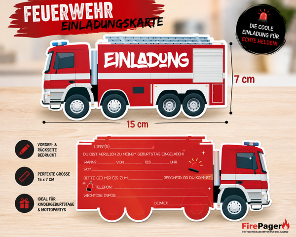 Feuerwehr-Einladung – Kreative Einladungskarte in Form eines Feuerwehrfahrzeugs