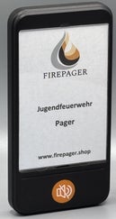 FirePager-Empfänger in Nahaufnahme mit Beschriftung „Jugendfeuerwehr Pager“ und Webseite www.firepager.shop. Auf dem Gerät ein Symbol für Lautlos-Modus.