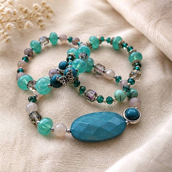 Three Aqua, Crackle Stone and Crystal Bracelets