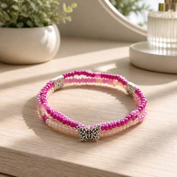 Three Strand Pink Seed Bead and Butterfly Bracelet