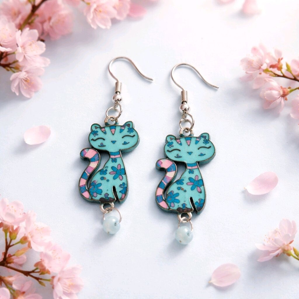 Pink and Blue Cat Earrings