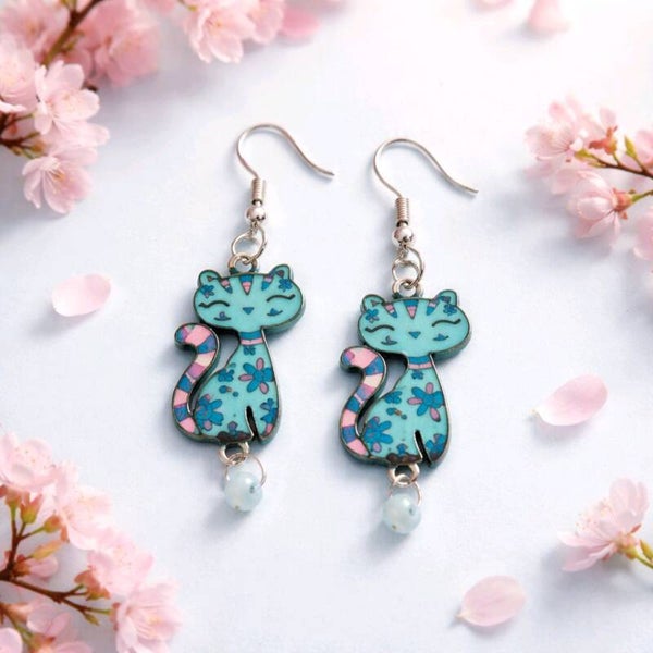 Pink and Blue Cat Earrings