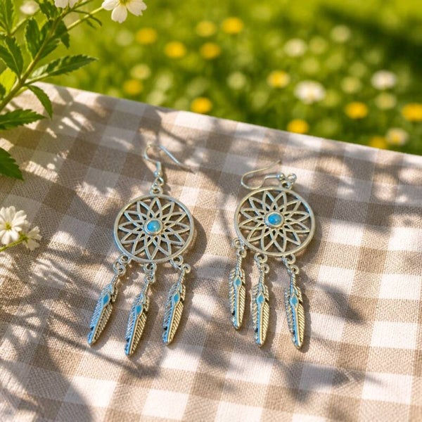 Turquoise Feather Dream Catcher Earrings