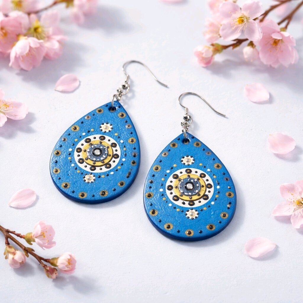 Hand painted abstract design tear drop earrings