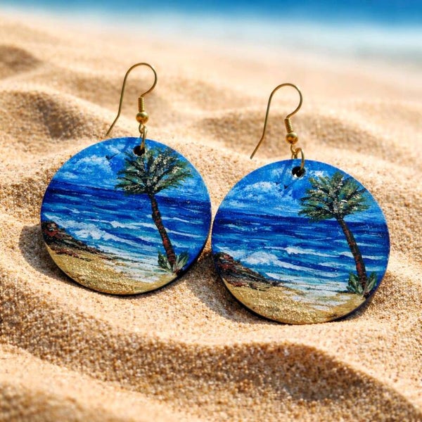 Hand Painted Beach Scene Earrings