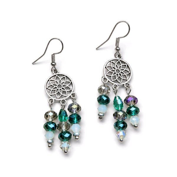 Green and Smokey Grey Crystal Boho Earrings
