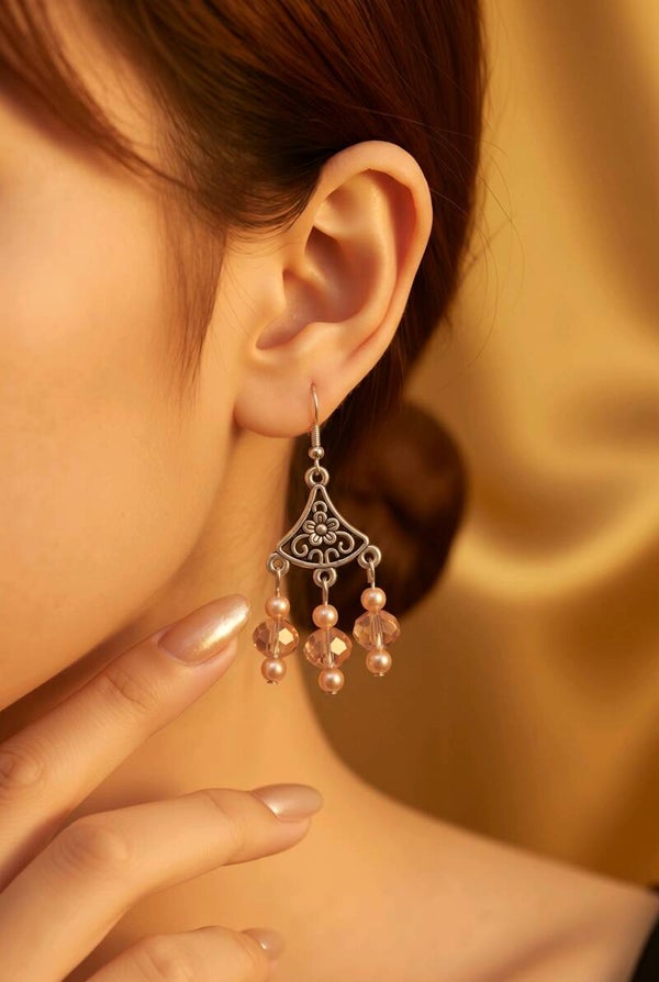 Pink Crystal and Faux Pearl Boho Earrings